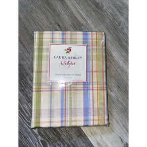 new Standard PILLOW SHAM Laura Ashley blue white green PLAID Summer Haven